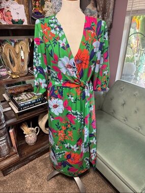 Kensie Green Floral Wrap Dress with Pink, Orange & White Accents